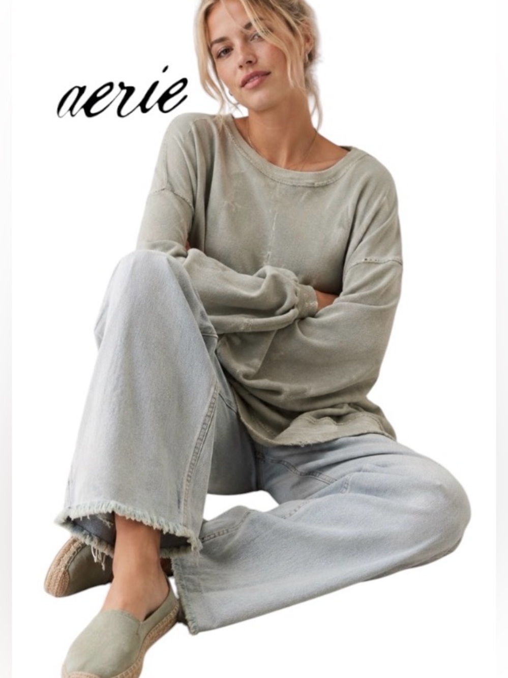 XL Aerie Oversized Sage Green  Distressed Sweatshirt with Balloon Sleeves, NWT - Picture 17 of 17